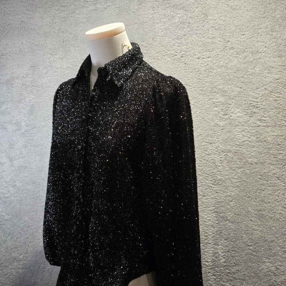 Womens Fairy Grunge Top S Black Sheer Metallic Sparkly Puff Sleeve Textured - Picture 7 of 11